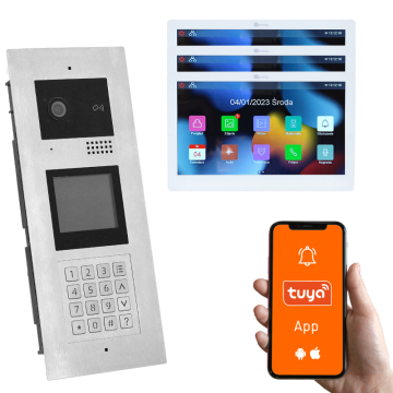 Genway KIT-F-M91-V13-3 Wielorodzinny Wideodomofon z Trzema Monitorami Dotykowymi, 3 Rodziny, Otwieranie Kodem, Kartą, Brelokiem, Odbieranie na Telefonie Tuya