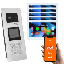 Genway KIT-F-M91-V13-5 Wielorodzinny Wideodomofon z Pięcioma Monitorami Dotykowymi, 5 Rodzin, Otwieranie Kodem, Kartą, Brelokiem, Odbieranie na Telefonie Tuya
