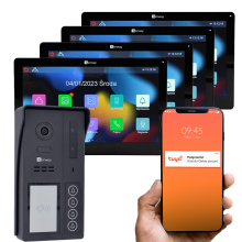 Zestaw wideodomofonowy 2 żyłowy czterorodzinny z czterema monitorami dotykowymi 7" WiFi i Tuya KIT-F-S64-4X-V13-BL