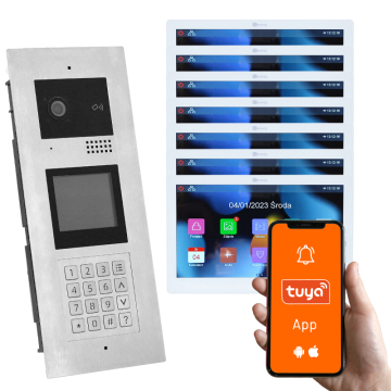 Genway KIT-F-M91-V13-7 Wielorodzinny Wideodomofon z Siedmioma Monitorami Dotykowymi, 7 Rodzin, Otwieranie Kodem, Kartą, Brelokiem, Odbieranie na Telefonie Tuya