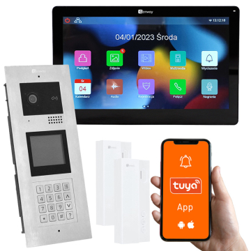 Genway KIT-F-M91-V13C-A01 Wielorodzinny Wideodomofon, 2 Rodziny z Dodatkową Słuchawką, Otwieranie Kodem, Kartą, Brelokiem, Odbieranie na Telefonie Tuya