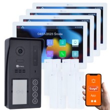 Genway KIT-F-S64-V13-A01-4 Zestaw Wideodomofonowy 2 Żyłowy Czterorodzinny z Czterema Monitorami Dotykowymi 7" WiFi i Tuya i Czterema Słuchawkami