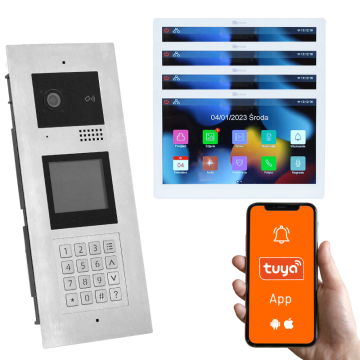 Genway KIT-F-M91-V13-4 Wielorodzinny Wideodomofon z Czterema Monitorami Dotykowymi, 4 Rodziny, Otwieranie Kodem, Kartą, Brelokiem, Odbieranie na Telefonie Tuya