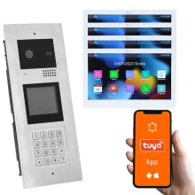 Genway KIT-F-M91-V13-4 Wielorodzinny Wideodomofon z Czterema Monitorami Dotykowymi, 4 Rodziny, Otwieranie Kodem, Kartą, Brelokiem, Odbieranie na Telefonie Tuya
