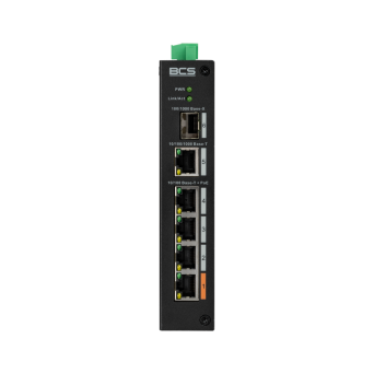 BCS-L-SP0401G-1SFP(2) - 5 portowy niezarządzalny switch (PoE), 4 porty PoE 100 Mbps, 1 port RJ-45 uplink Gigabit.