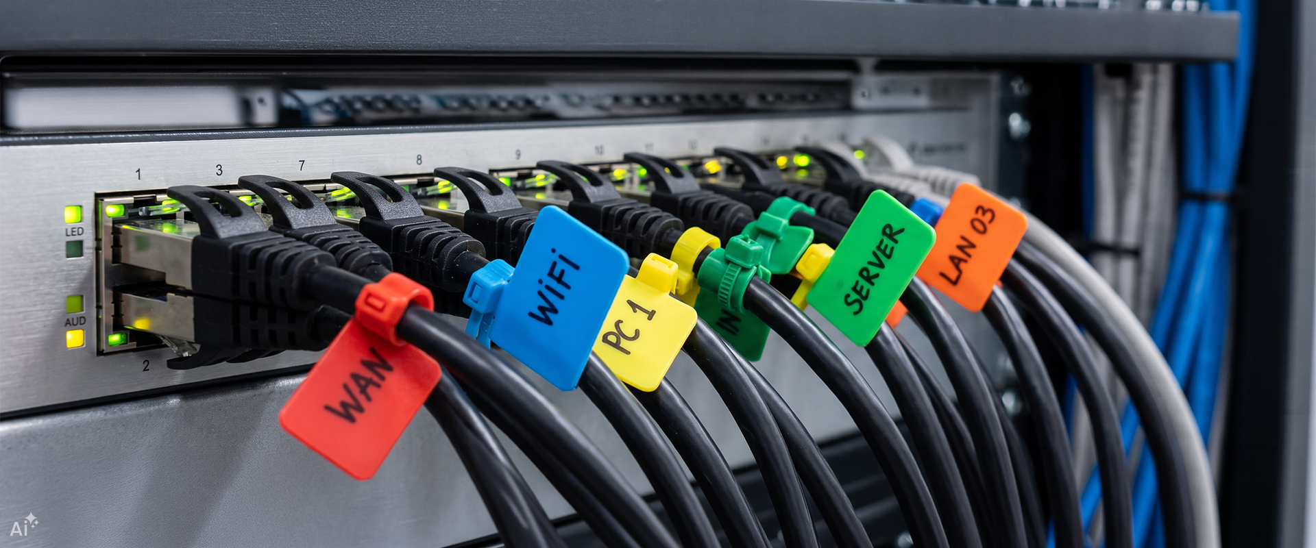Oznaczone przewody Ethernet RJ45 w szafie rack – organizacja instalacji sieciowej