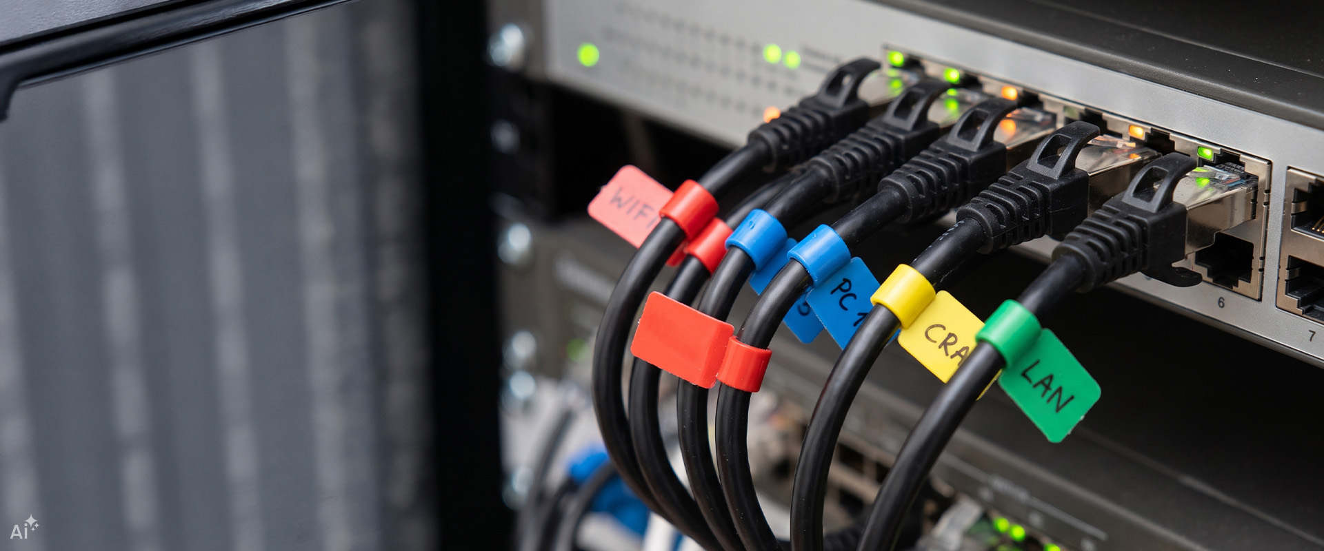 Oznaczone połączenia RJ45 przy switchu Ethernet – okablowanie sieci LAN